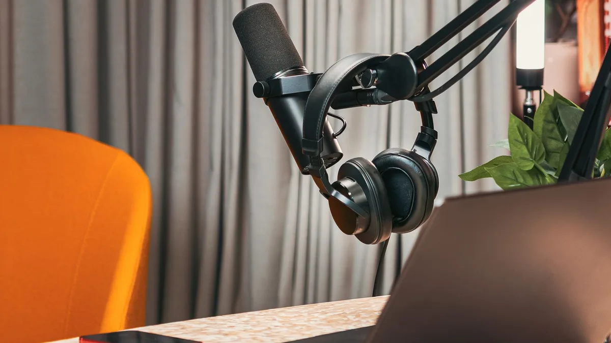 Mikrofonlar ve ses yalıtım panelleri bulunan profesyonel podcast stüdyosu