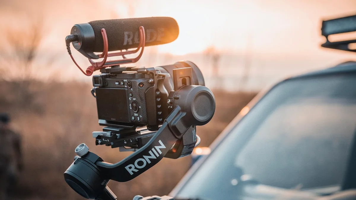 Gimbal üzerinde mikrofonlu video kamerası