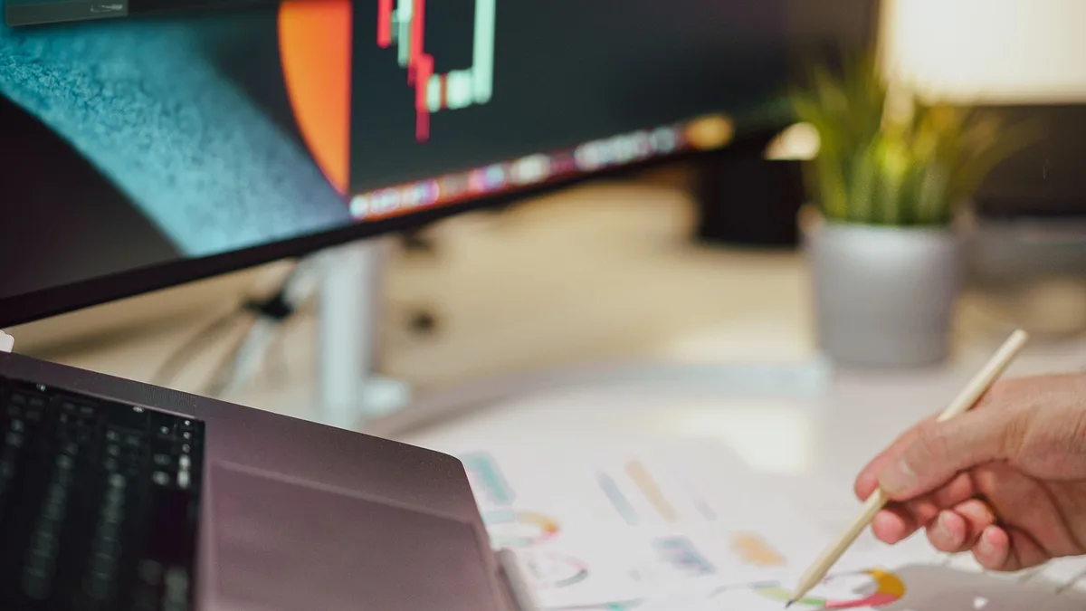 Bilgisayar ekranındaki grafiklerle finansal veri inceleyen kişi