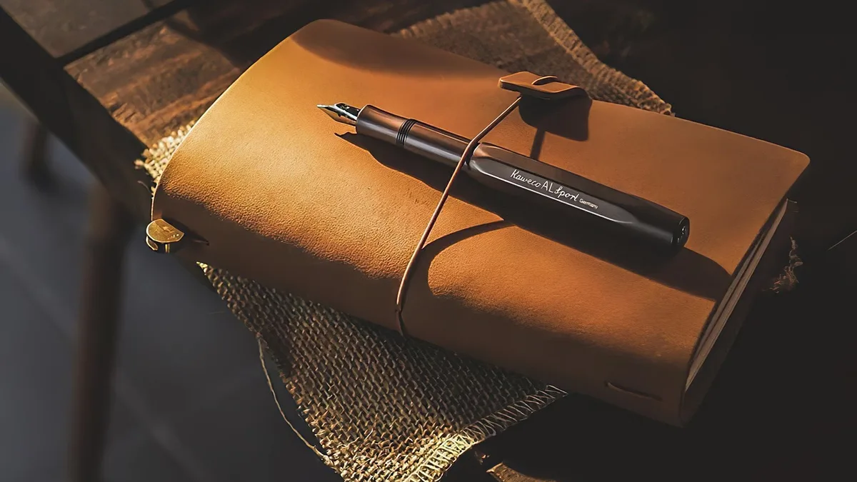 Ahşap masada açık defter, kalem ve kahve