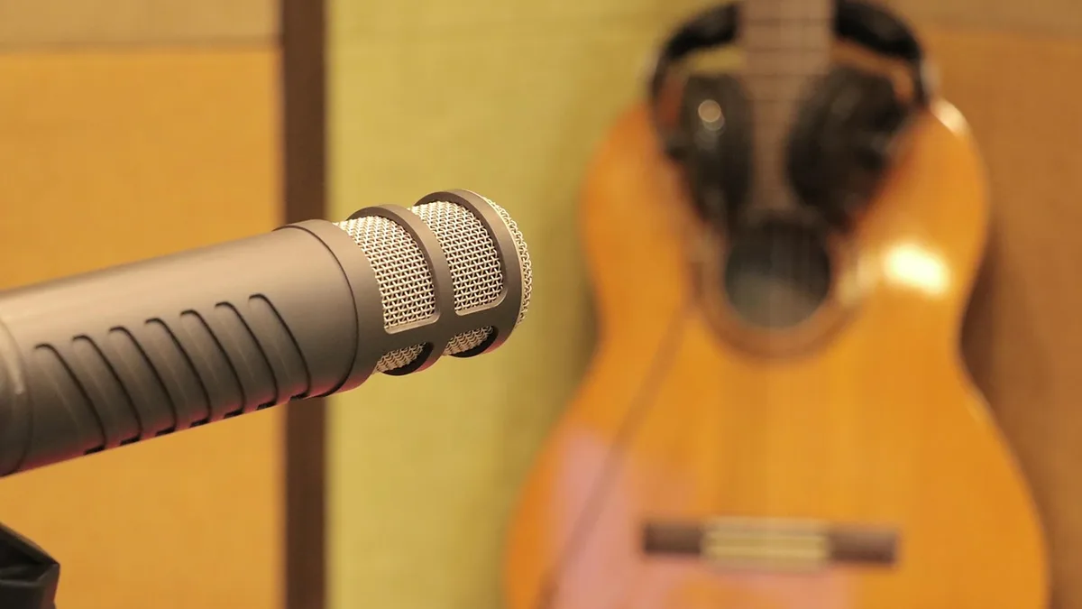 Mikrofon önünde pop filtre ve arka planda gitar bulunan kayıt alanı