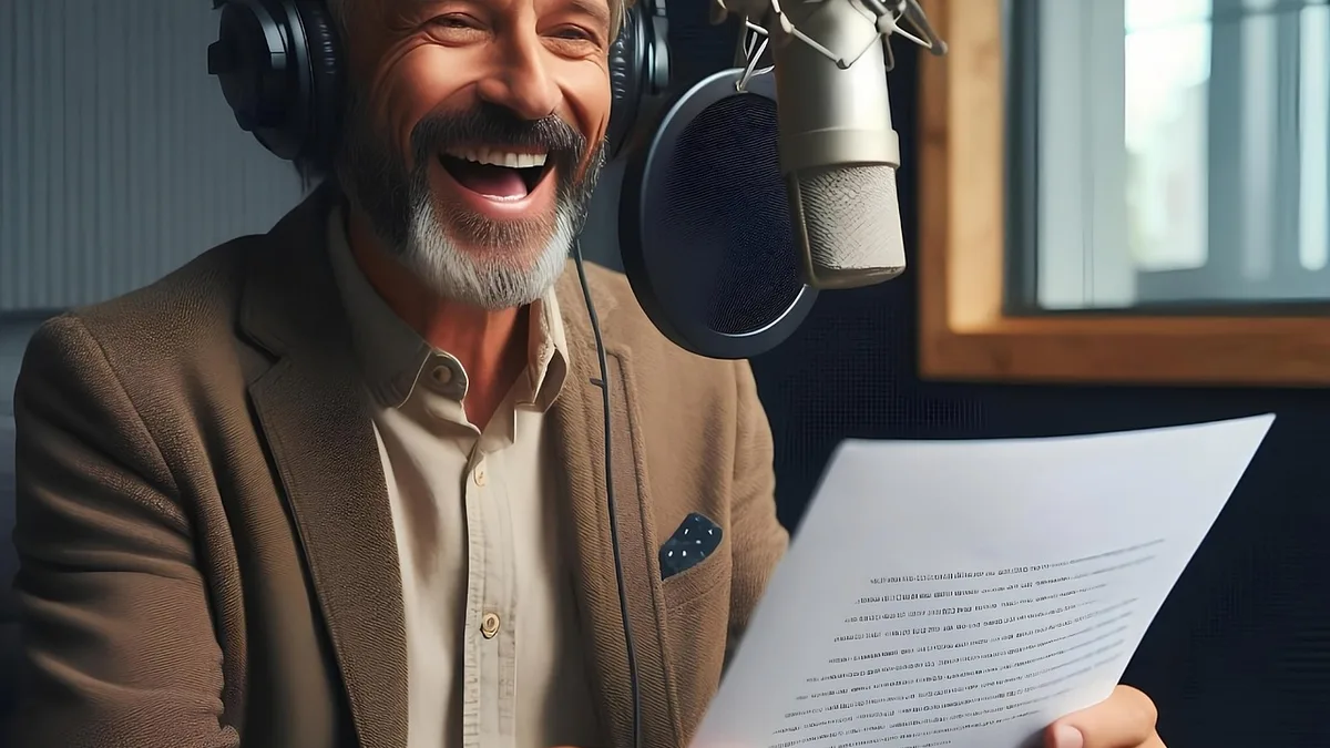 Metin sayfası tutarak mikrofon önünde kulaklıkla konuşan kişi