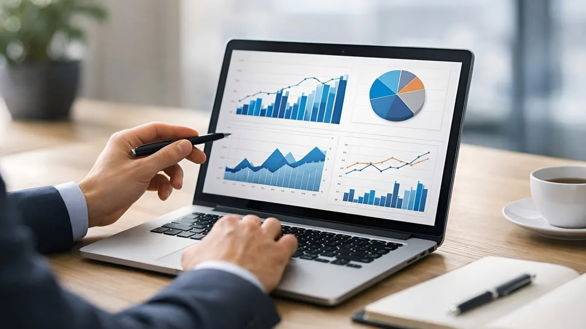 Dizüstü bilgisayarda grafik ve tabloları inceleyen kişi