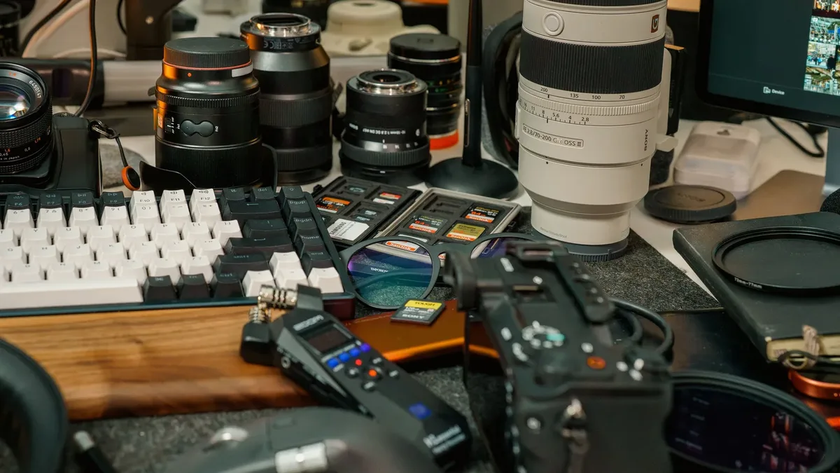 Vintage kamera, monitörler ve kulaklık bulunan yaratıcı masa