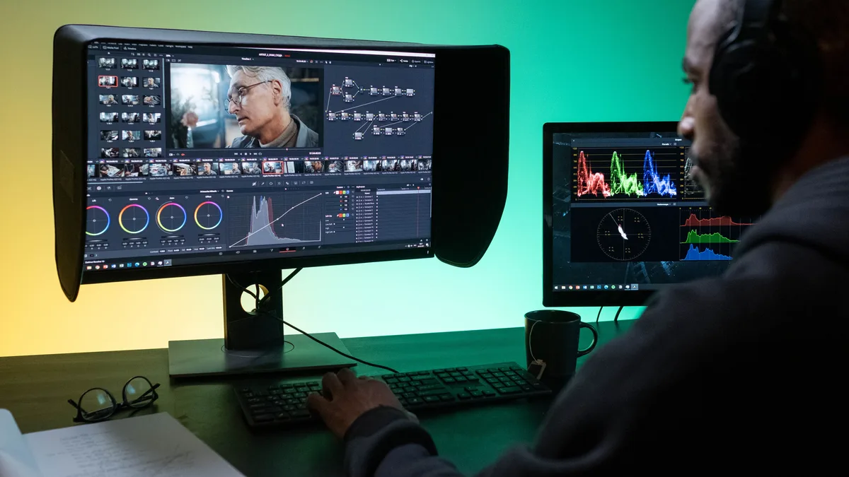 Çift monitörde video kurgusu ve renk grafikleri üzerinde çalışan editör