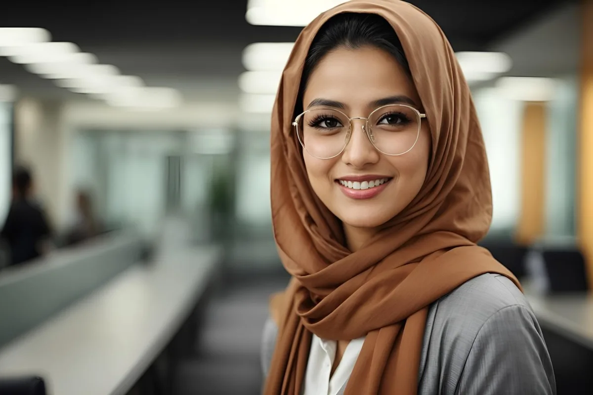 پرتره بانویی با روسری قهوهای و عینک که در محیط دفتر کار لبخند میزند