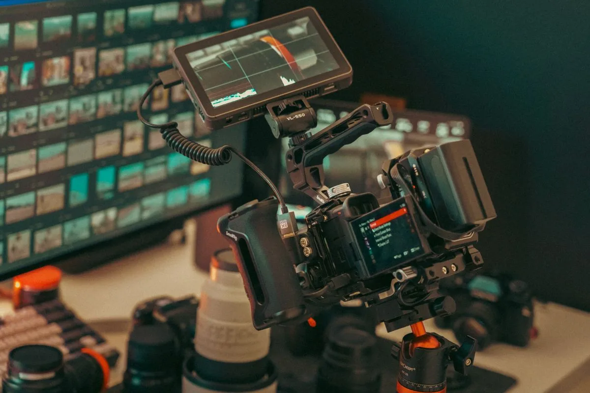 Monitör ve kamerayla hazırlanmış profesyonel video prodüksiyon masası