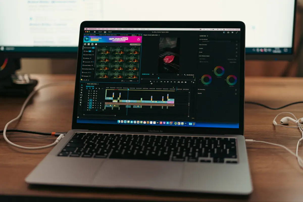 Ahşap masa üzerindeki dizüstü bilgisayarda açık video kurgu programı